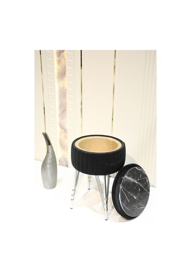 Bianco Metal Ayaklı Sehpalı Puf Krom Siyah Chrome Black