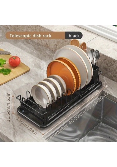 Fastbuy Modern Siyah Mutfak Tezgahı Kurutma Rafı, Ayarlanabilir Bulaşık Süngerliği, Siyah Siyah