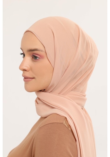 Hazır Pratik Lüks Geçmeli Lastikli Boneli Şifon Şal Koyu Bej