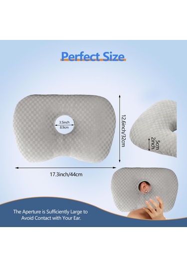 Geeksen Yatakta Kulak Koruyucu Yastık - Yan Yatanlar İçin Ergonomik Tek Delikli Gri Kulak Rahatlatıcı Yastık Gri