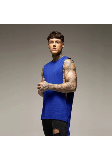 Muscleguys Erkek Spor Yelek - Pamuklu, Kolsuz, Hip Hop Stili, Uzun Kesim, Salon Egzersizleri İçin Mavi