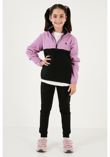Lela Yumuşak Dokulu Yarım Fermuarlı Renk Bloklu Dik Yaka Unisex Çocuk Polar 5905004 Lila-Siyah