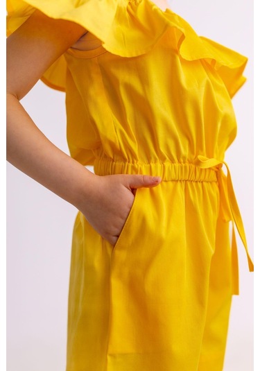 Oliventhekid Omuzdan Fırfırlı Poplin Kız Çocuk Tulum Sarı Sarı