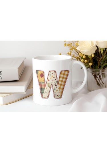 W Harfi Sonbahar Kış Temalı Yamalı Tasarım Kupa Bardak - Etnik Ve Pathwork Severlere Özel Hediye Beyaz
