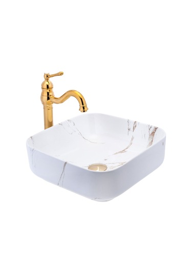 İsaoğlu Yapı Çanak Lavabo Mermer Desenli Beyaz Seramik Çanak Lavabo 38x38 Armatür Hariçtir Beyaz