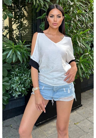 Kadın Ekru Omuz Dekolteli Kısa Kol, Salaş Keten Bluz Ekru