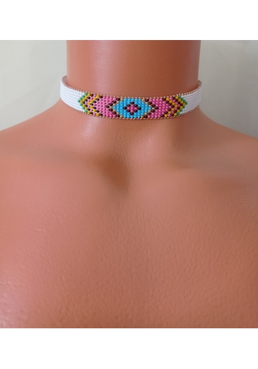 Kum Boncuk Dokuma Choker Kolye Gümüş