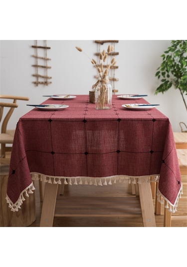 Kare Kafes İşlemeli Masa Örtüsü Saf Renk Pamuk Keten Püskül Dikdörtgen Sehpa Mat, Boyutu: 110x170cm Kırmızı Kırmızı