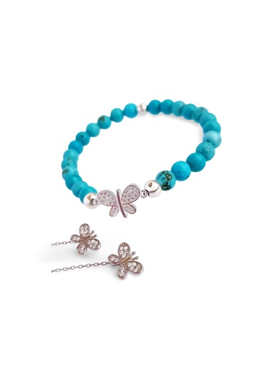 Gümüş Firuze Turkuaz Doğal Taşlı Bileklik Kelebek Zincir Küpe Çoklu Kombin Açık Mavi