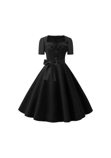 Novahub Kadın Retro Elbise, 1950'ler Vintage A-line, Kare Yaka, Kısa Kollu, Siyah, Nokta Baskı, Orta Bel Kuşaklı, Fiyonk Dekor Siyah