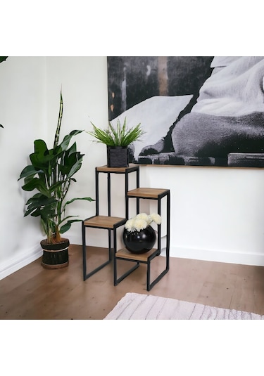 Metal Saksılık 4 Ahşap Raflı Dekoratif Saksı Standı Garden Çam