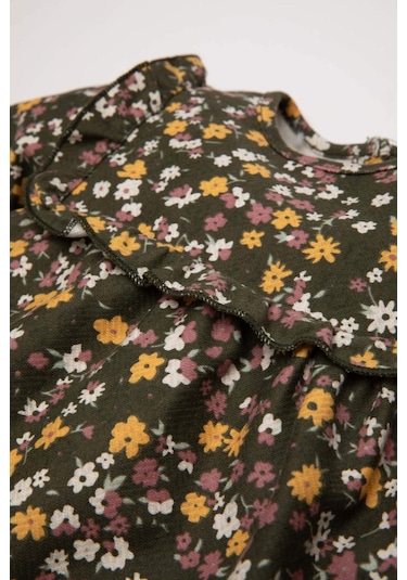 DeFacto Kız Bebek Desenli Uzun Kollu Elbise D5634A524WNKH158 Haki