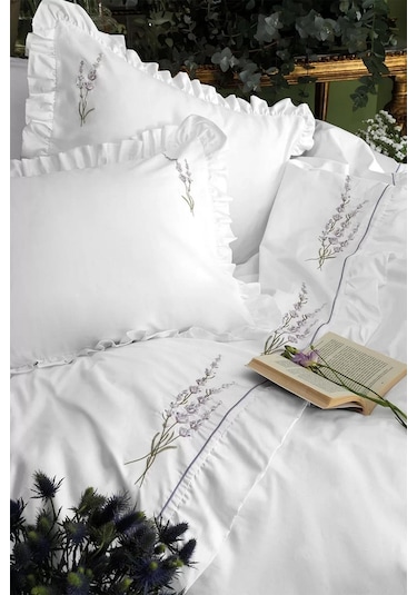 İssimo Lavanda Nakışlı 300 Tc Saten Nevresim Takımı Çift Kişilik-2125 Beyaz