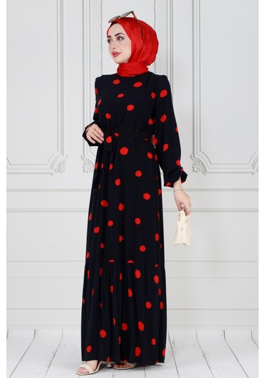 Puantiyeli Kuşaklı Tesettür Elbise-kırmızı-3588-gece Mavisi Gece Mavisi