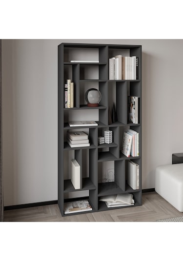 Nicola Kitaplık 18 Raflı, Modern Kütüphane Antrasit