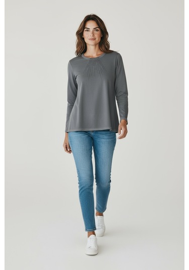 Kadın Yaka Ve Kol Ağzı Taşlı Etek Desenli Bluz Gri