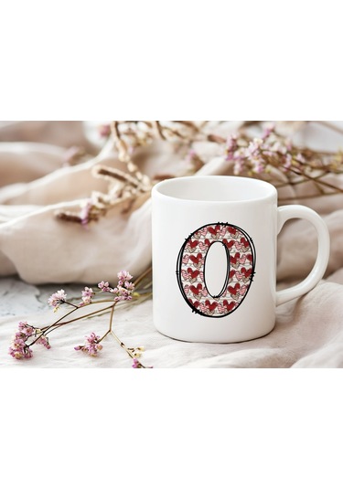 O Harfi Aşk Temalı Kupa - Kalp Desenli Kişiye Özel Romantik Sevgililer Günü Kahve Kupası Beyaz