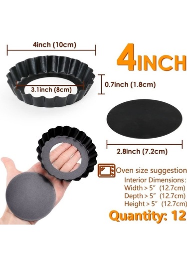 Bloomnest 12 Parça 4 İnç Mini Tart Tavaları, Yapışmaz Çıkarılabilir Altlı Tart Kalıpları, Pişirme Seti Siyah