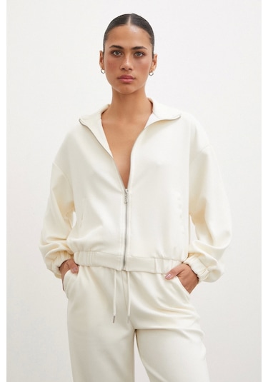 Never More Fermuarlı Sweatshirt Ekru