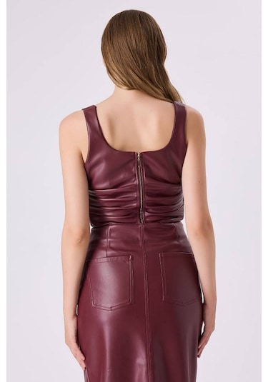 Fever Büzgülü Deri Kadın Crop Bluz 342114029 Bordo