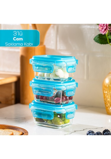 Porsima 4376 3lü Kilitli Sızdırmaz Kapaklı Yiyecek Erzak Saklama Kabı Seti - Cam Saklama Kabı - 150ml Mavi Mavi