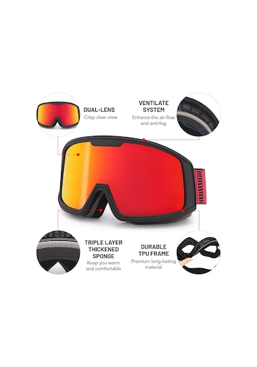 Xindoker Kış Sporları Gözlüğü - Çift Katmanlı Buhar Engelleme, Uv Koruma, Tpu Çerçeve, Erkek/kadın Kayak Gözlüğü Siyah Çerçeve Kırmızı Lens Kırmızı