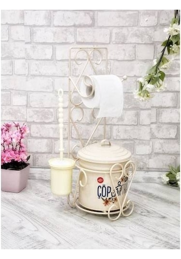 Ferforje Standlı Çöp Kovalı Fırçalı Tuvalet Kağıtlığı Krem