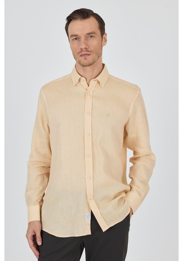 Uzun Kol Düz Keten Düğmeli Yaka Cepsiz Casual Comfort Fit Gömlek 1004250114 Altın