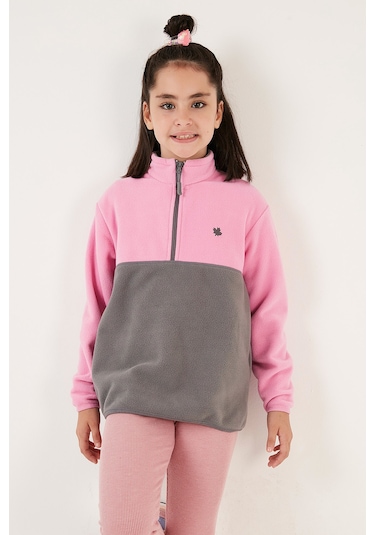 Lela Yumuşak Dokulu Yarım Fermuarlı Renk Bloklu Dik Yaka Unisex Çocuk Polar 5905004 Şeker Pembe-Gri