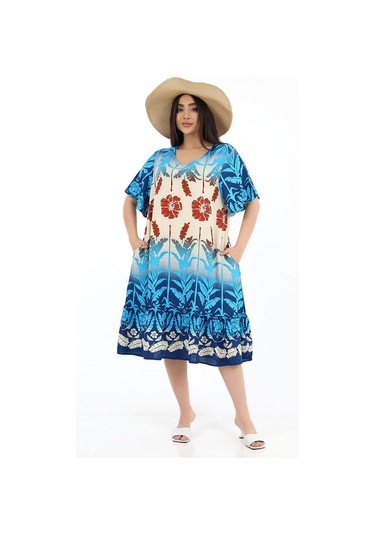 Kadın Viskon Yarım Kol O Yaka Cepli Fırfırlı Elbise Turkuaz Turkuaz