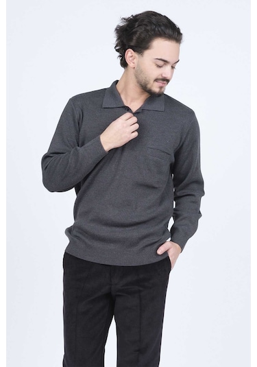Ateş Triko Erkek Polo Yaka Düğmeli Yün Kazak 6091023 Koyu Gri Koyu Gri