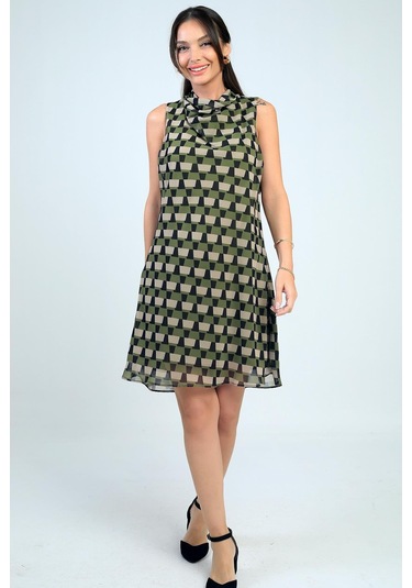 Kadın Degaje Yaka Astarlı Desenli Kısa Şifon Elbise-41737 Haki