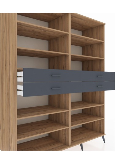Kronos Gardrop 10 Raflı 4 Çekmeceli 176x59x221 Çam-çam/antrasit Çam/antrasit