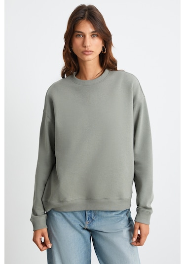 Grimelange Maıja Kadın Bisiklet Yaka İçi Polarlı Oversize Fit Basic Açık Haki Sweatshirt Açık Haki