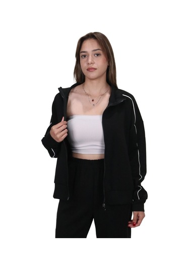 Kadın Modal Kumaş Kontrast Detaylı Rahat Kalıp Siyah Ceket Hırka Lacivert