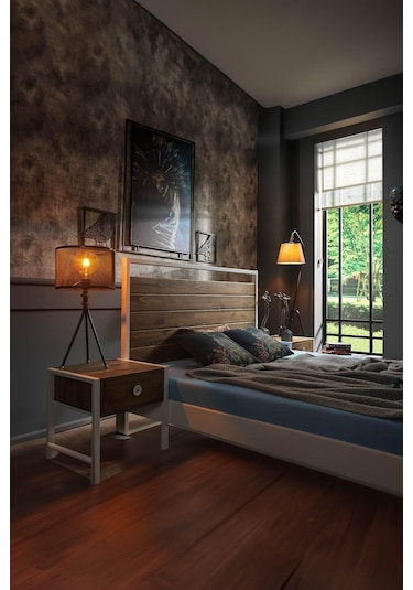 Ariane Ahşaplı Çift Kişilik Metal Karyola Beyaz Ahşap Latalı