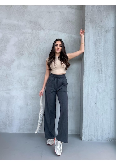 Siyah-lacivert-gri-antrasit Kadın Mevsimlik Salaş Geniş Paça Yüksek Bel 4'lü Eşofman Altı Siyah - Lacivert - Antrasit