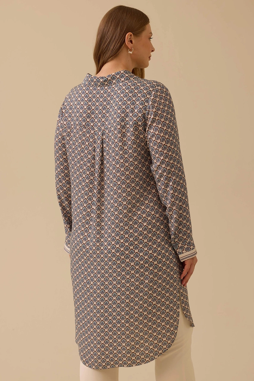 Galaxi Kadın Büyük Beden Desenli Uzun Tunik 4004 Mavi Mavi