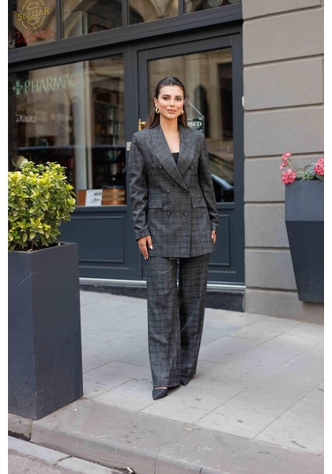 6 Düğmeli Kruvaze Ekose Takım Siyah Siyah