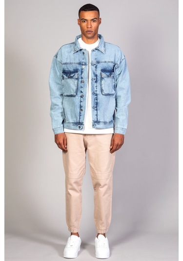 Erkek Buz Mavisi Körüklü Cep Oversize Kot Ceket Buz Mavi