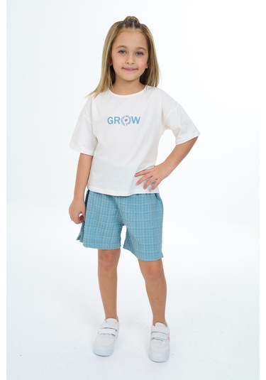 Toontoy Kız Çocuk Baskılı Şortlu Takım Açık Mavi