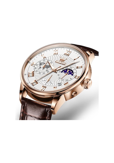 Olevs 2893 Erkekler Çok Fonksiyonlu İş Kuvars Saati Kahverengi + Beyaz