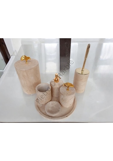 Sarı Traverten Klasik Model 7 Parça Gold Renk Japon Gülü Aksesuarlı Banyo Seti Sarı Traverten