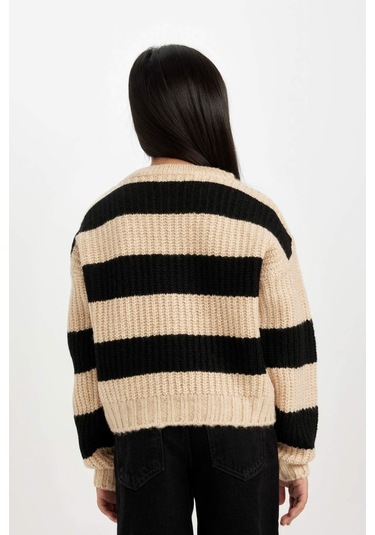 DeFacto Kız Çocuk Çizgili Bisiklet Yaka Triko Kazak A6009A824WNBK27 Siyah