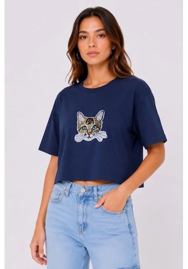 Hazego Kedi Baskılı Oversize Crop Tişört Salaş Basic Yarım Kol T-shirt - Lacivert