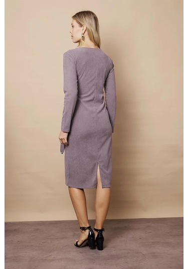 Kadın Kadife Kumaş Kruvaze Anvelop Bağcıklı Uzun Kol Diz Altı Elbise-gri Gri