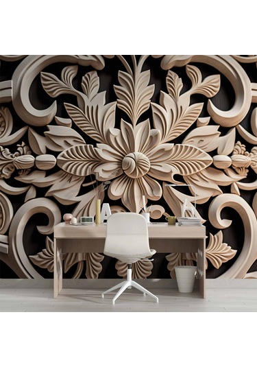 3 Boyutlu Çiçek Figürlü Ağaç Oyma Desenli Duvar Kağıdı