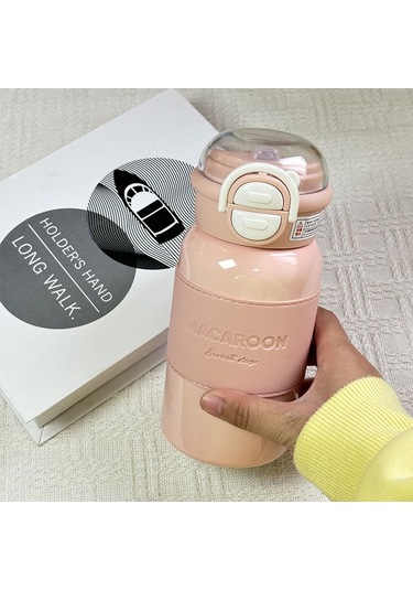 Planet Termos Kupası Kızlar Basit Ve Yüksek Yüz Değeri Çift İçme Kupası Öğrenci Taşınabilir Paslanmaz Çelik Deri Kılıf Pipet Su Bardağı Pembe-bw037