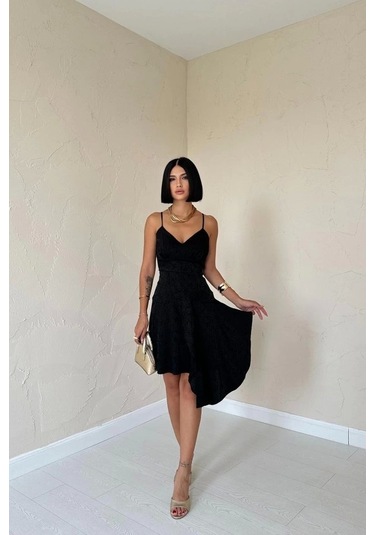 Siyah Jakarlı Asimetrik Elbise Siyah