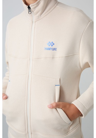 Tommy Life Bej Pamuklu Kalın İçi Tüylü Yumuşak Dokulu Standart Fit Nakışlı Erkek Çocuk Sweatshirt - 11245 Bej